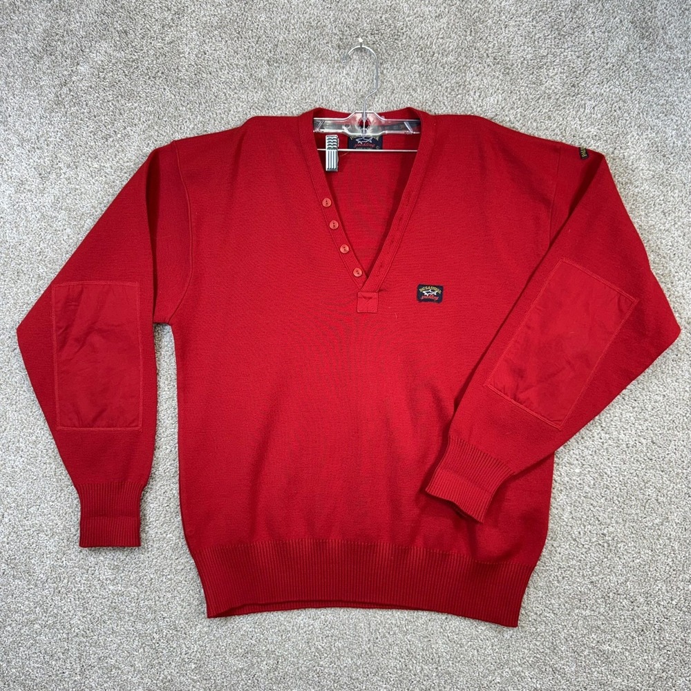 Paul & Shark Yachting Sweater Mens L Red‎ Wool Blend Button V-Neck Elbow Patches